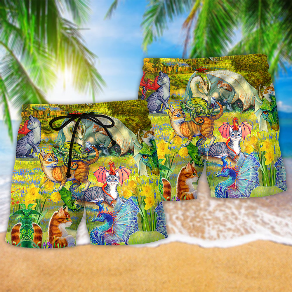 Dragon And Cats Floral Fantasy – Beach Short