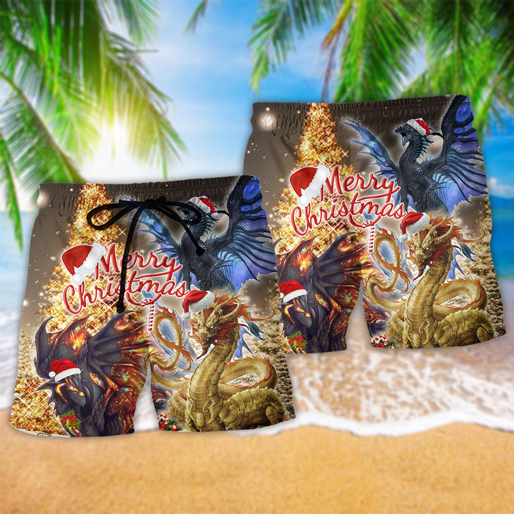 Christmas Dragon Gold Black Art - Beach Short