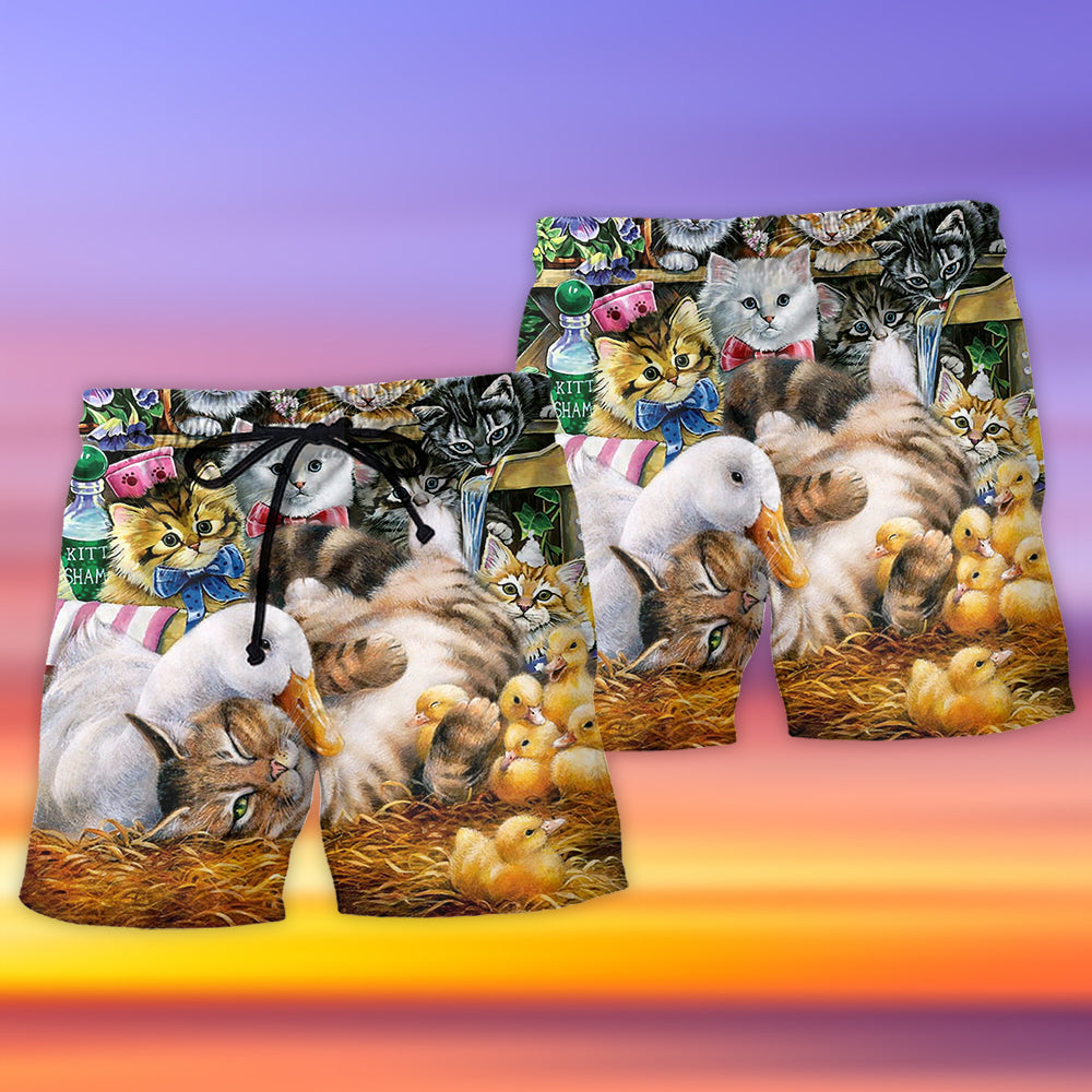 Ducks And Cats Fun Animal Art – Beach Short