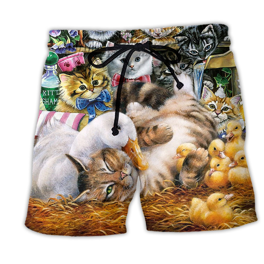 Ducks And Cats Fun Animal Art – Beach Short