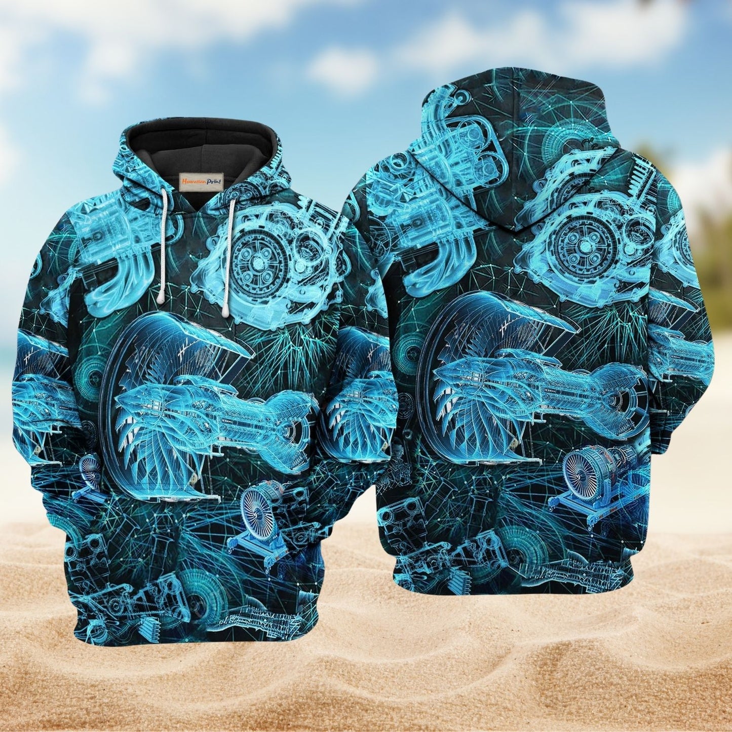 Engine Blueprint Mechanical Art - 3D Hoodie