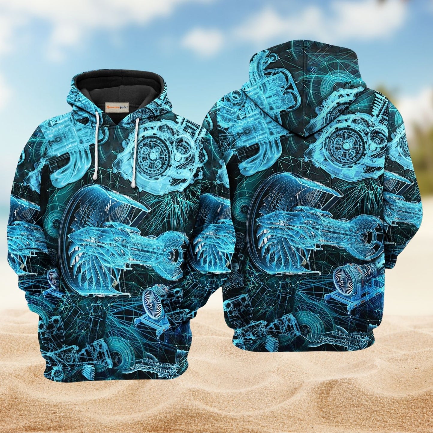 Engine Blueprint Mechanical Art – 3D Hoodie