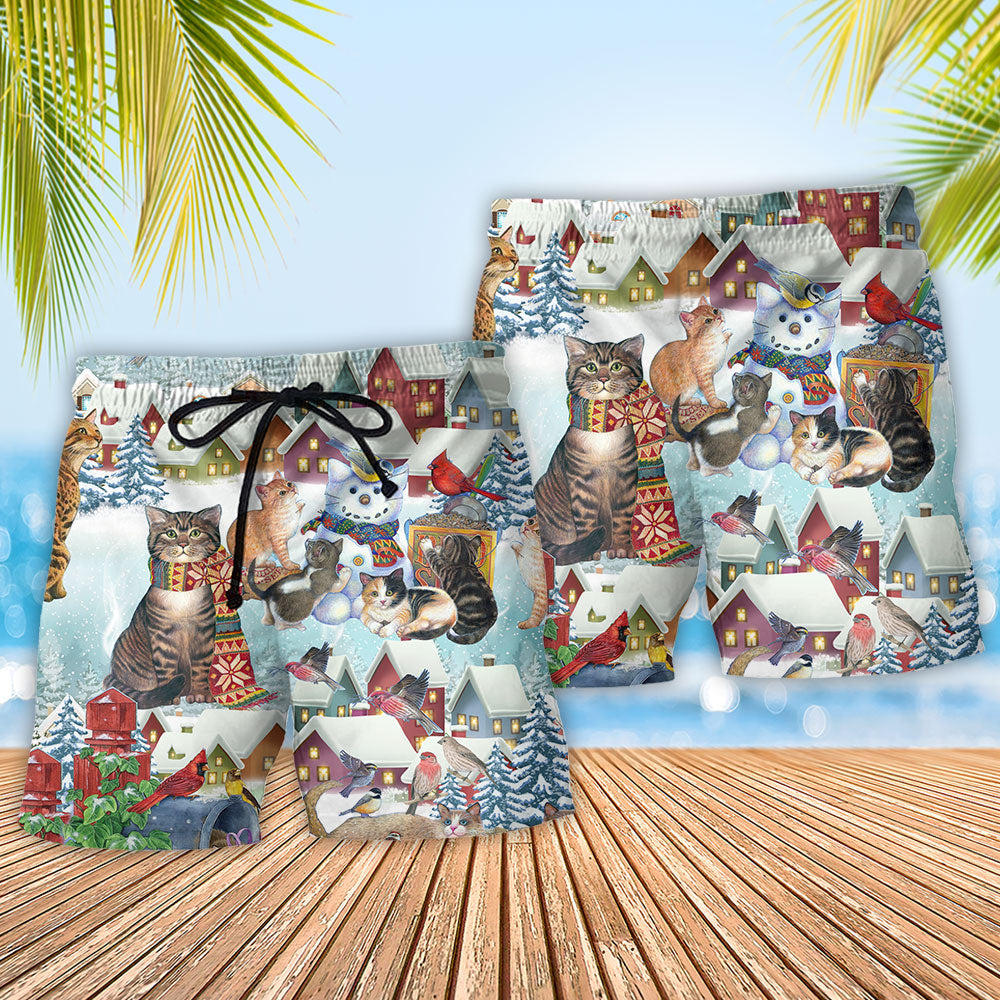 Winter Cat And Bird Snow Art – Beach Short