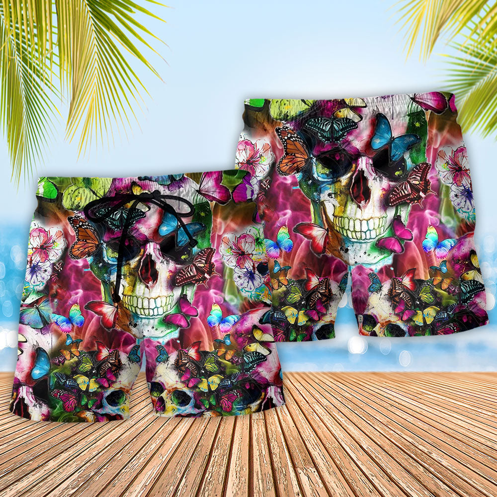 Skull Love Life Floral Art Style – Beach Short