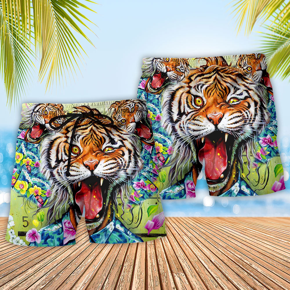 Tiger With Floral Artistic Style – Beach Short