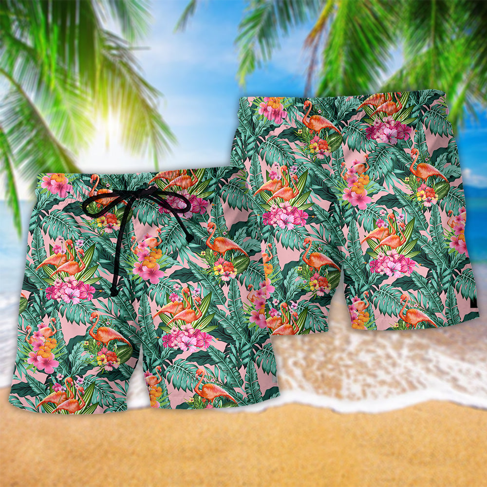 Flamingo Floral Tropical Leaf Art – Beach Short
