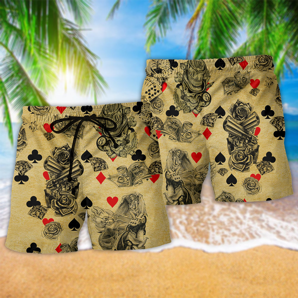 Floral Skull Poker Gambling Art – Beach Short