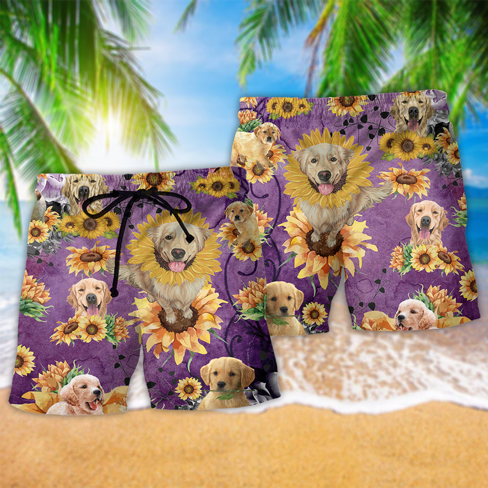 Golden Retriever Sunflower Purple Art – Beach Short