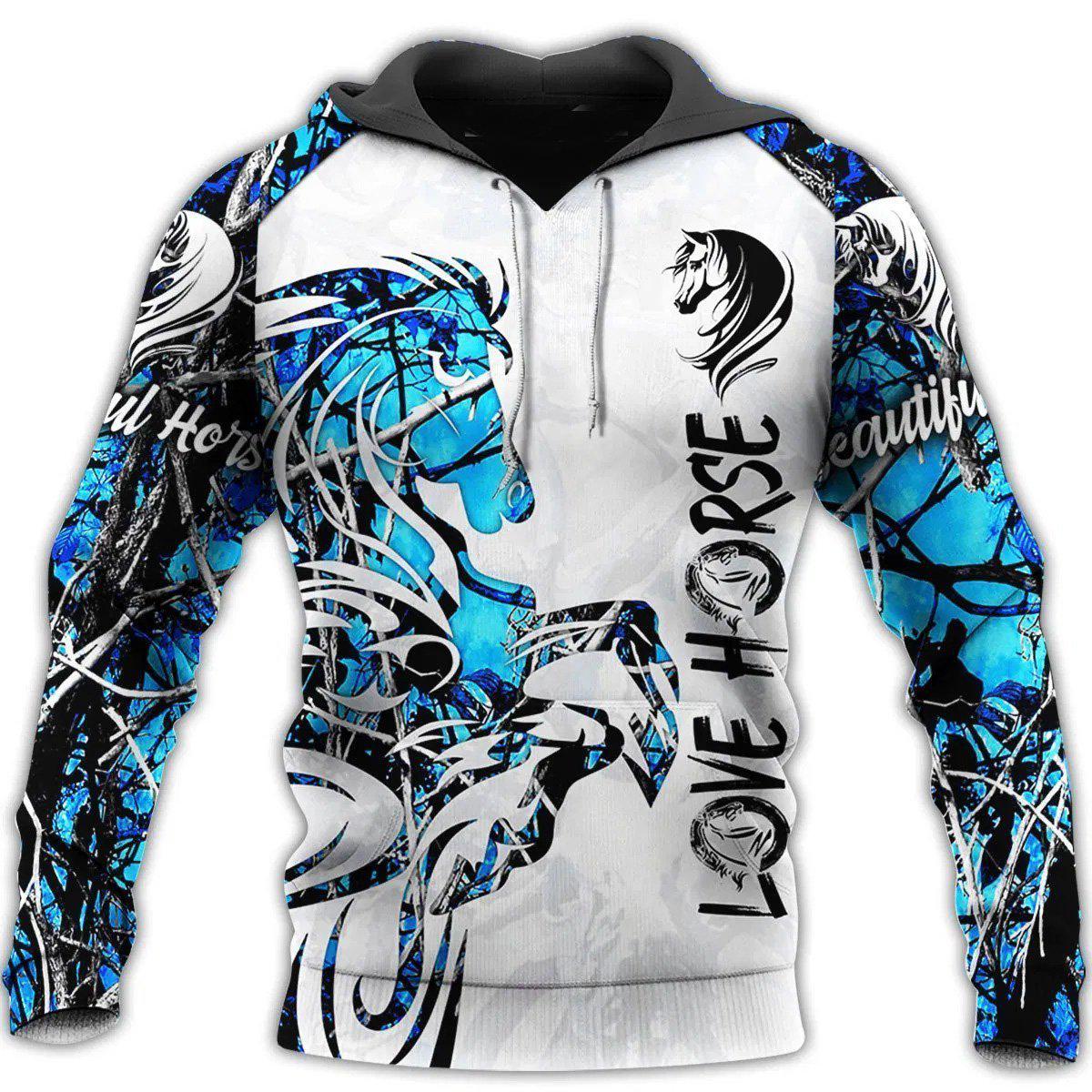 Love Horse Blue And White All Over Print Art – 3D Hoodie