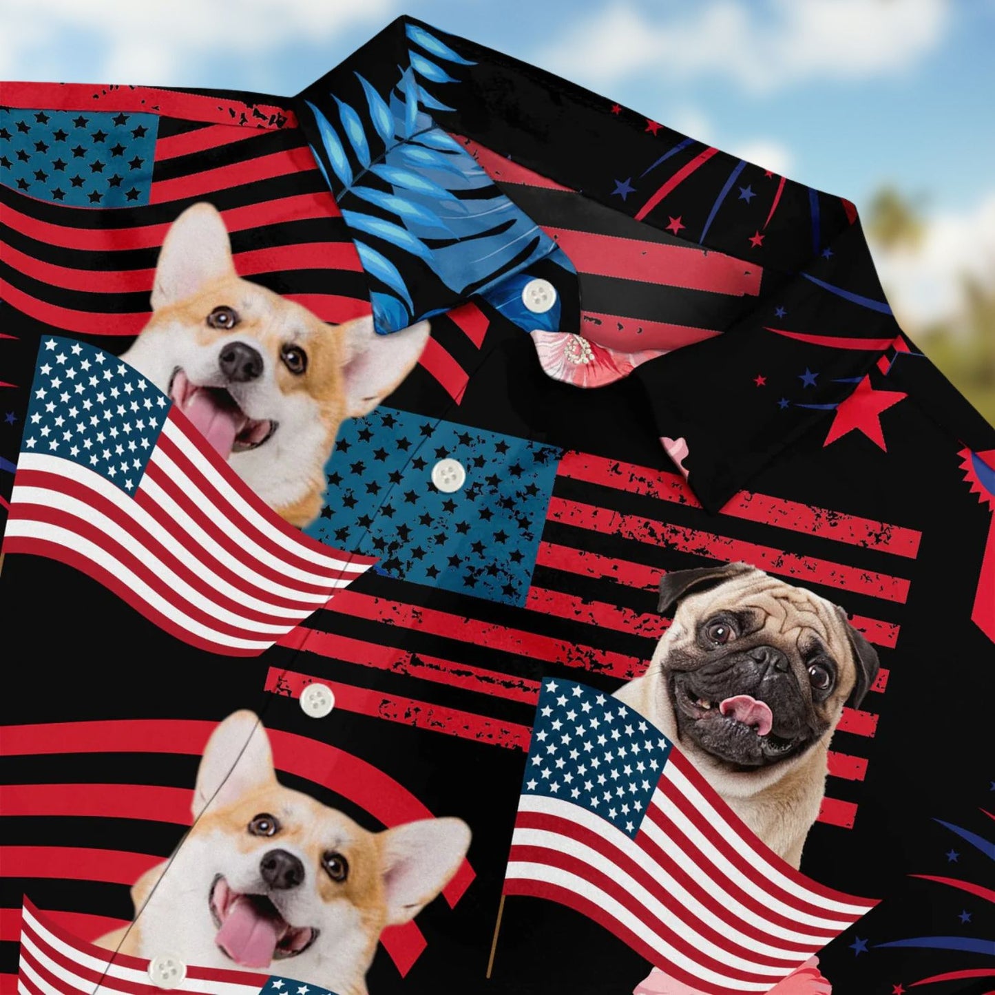 Custom Photo Funny Family Pet Face Stars & Stripes Gift for Men, Dog & Cat Lovers – Personalized Hawaiian Shirt