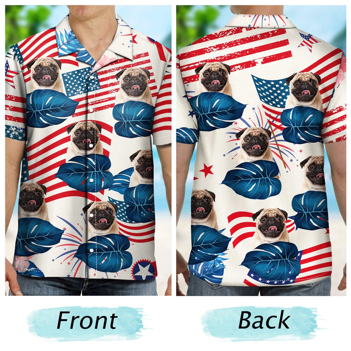 Custom Photo Funny Family Pet Face Stars & Stripes Gift for Men, Dog & Cat Lovers – Personalized Hawaiian Shirt