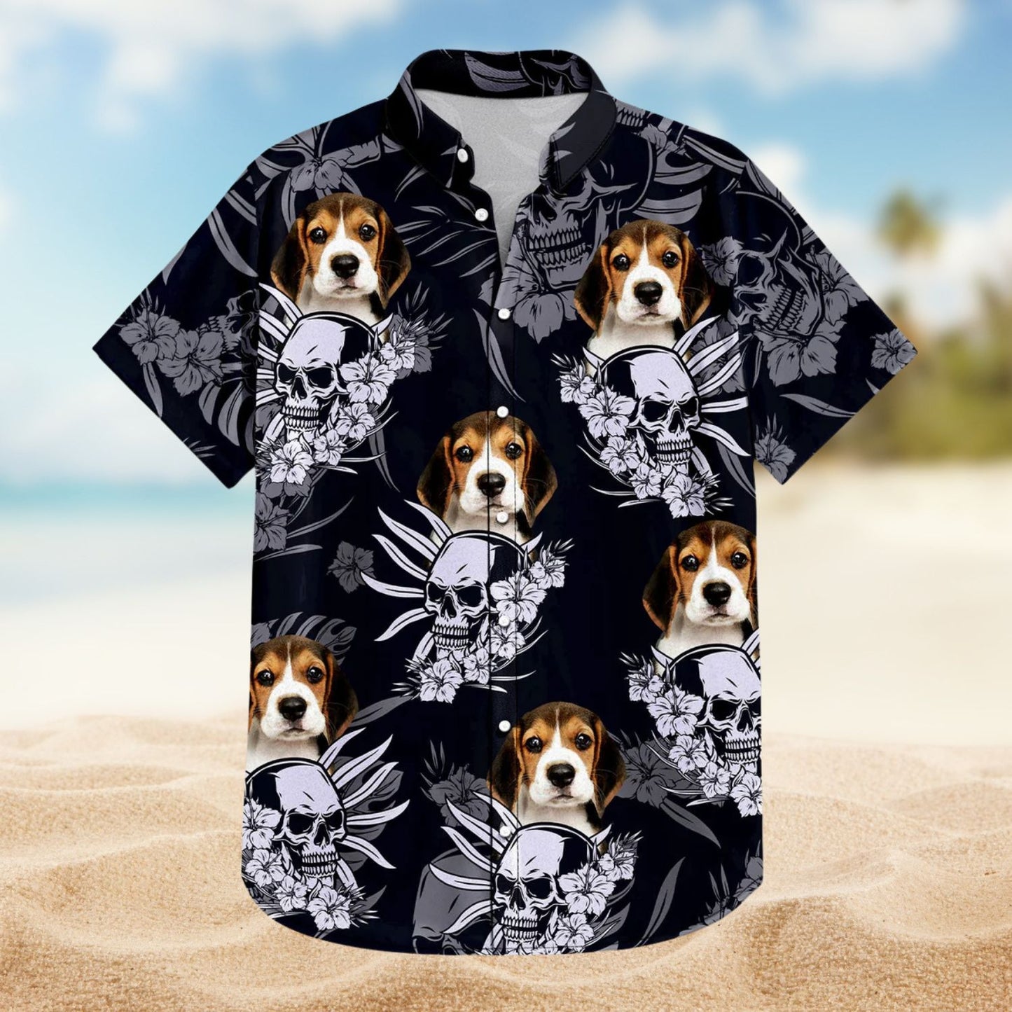 Custom Photo Skull Family Pet Face Tropical Leaf Gift for Men, Dog & Cat Lovers – Personalized Hawaiian Shirt