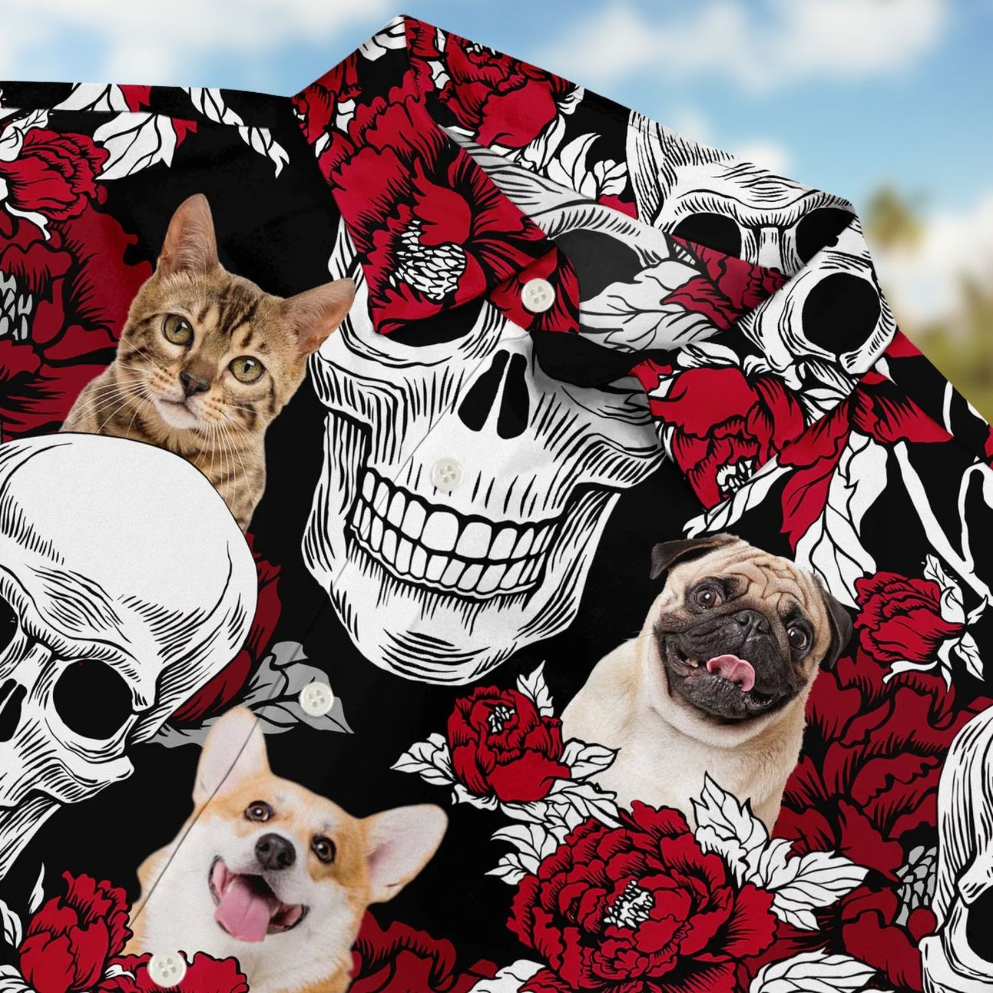 Custom Photo Skull Family Pet Face Tropical Leaf Gift for Men, Dog & Cat Lovers – Personalized Hawaiian Shirt