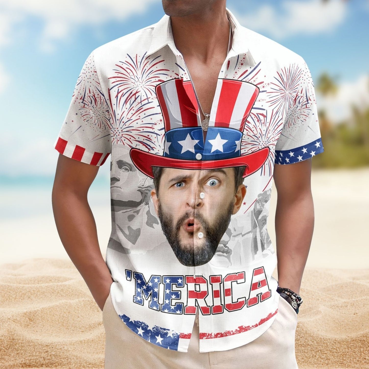 Celebrate 4th of July with Merica Pattern - Personalized Photo Hawaiian Shirt