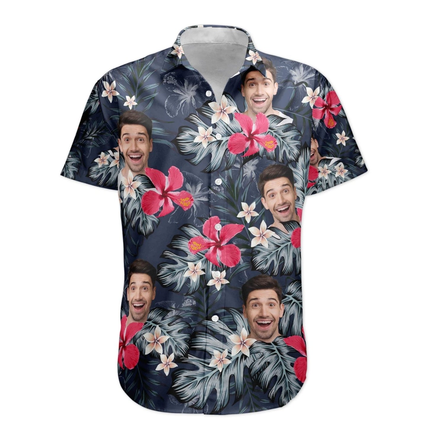 Custom Face Funny Photo for Men Husband Red Hibiscus - Personalized Hawaiian Shirt