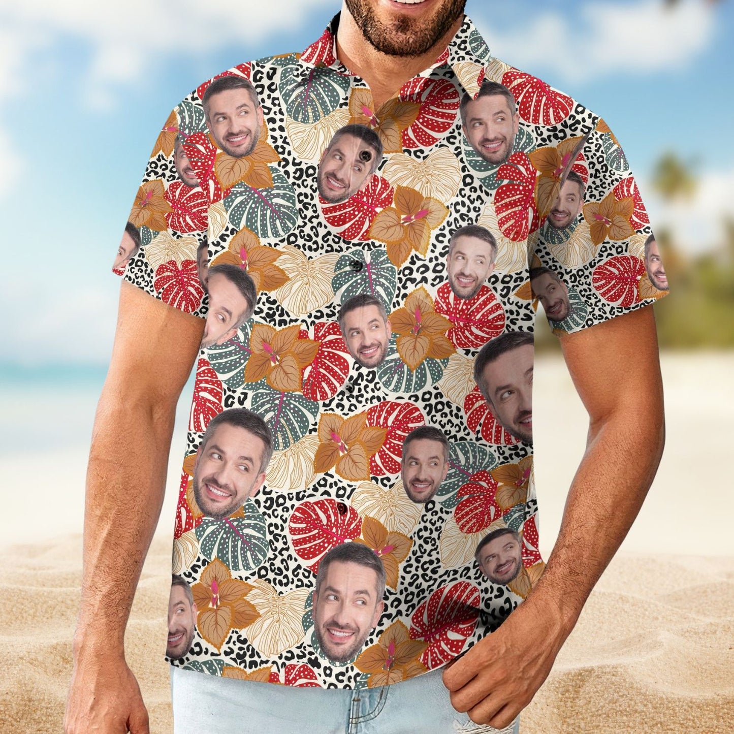 Custom Face Funny Tropical Leaf Pattern – Custom Photo Hawaiian Shirt