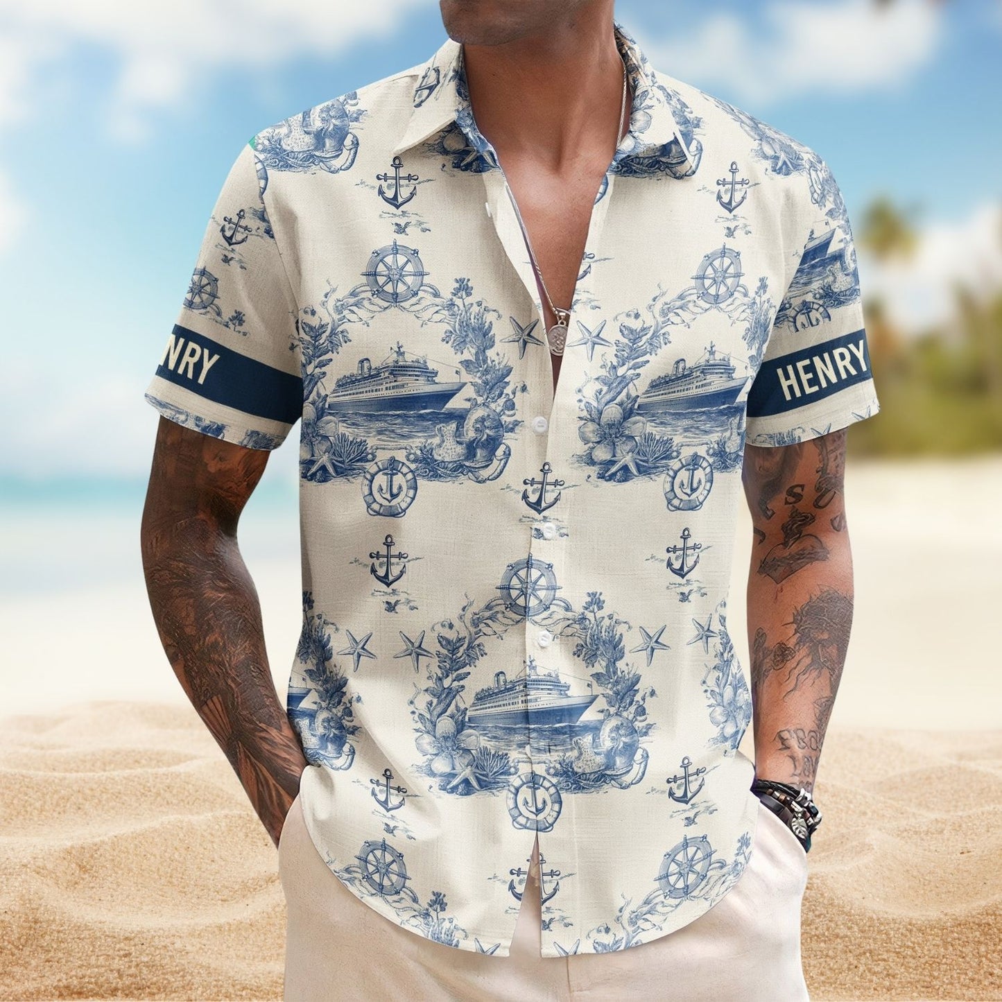 Cruise Ship Nautical Pattern - Personalized Hawaiian Shirt