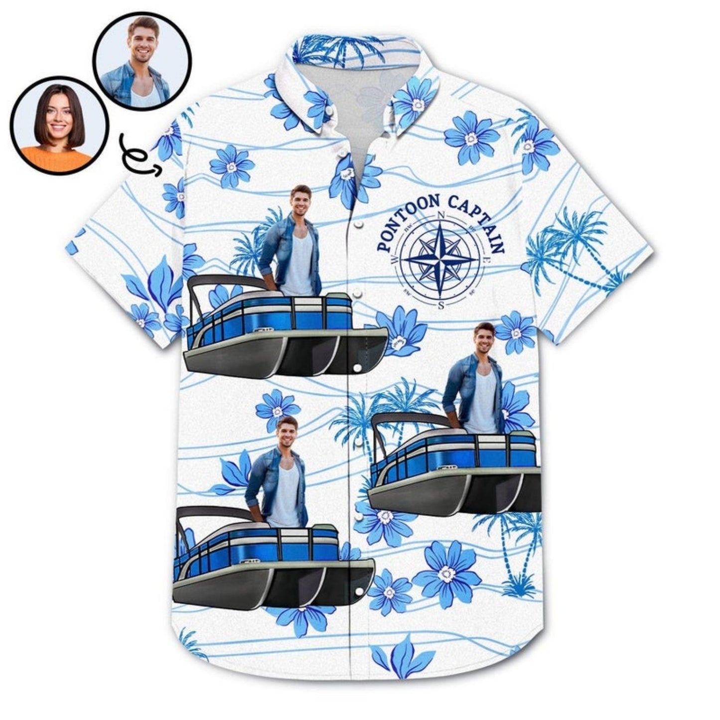 Tropical Beach Style Vacation Shirt – Custom Photo Boating Pontoon Human Faces - Personalized Hawaiian Shirt