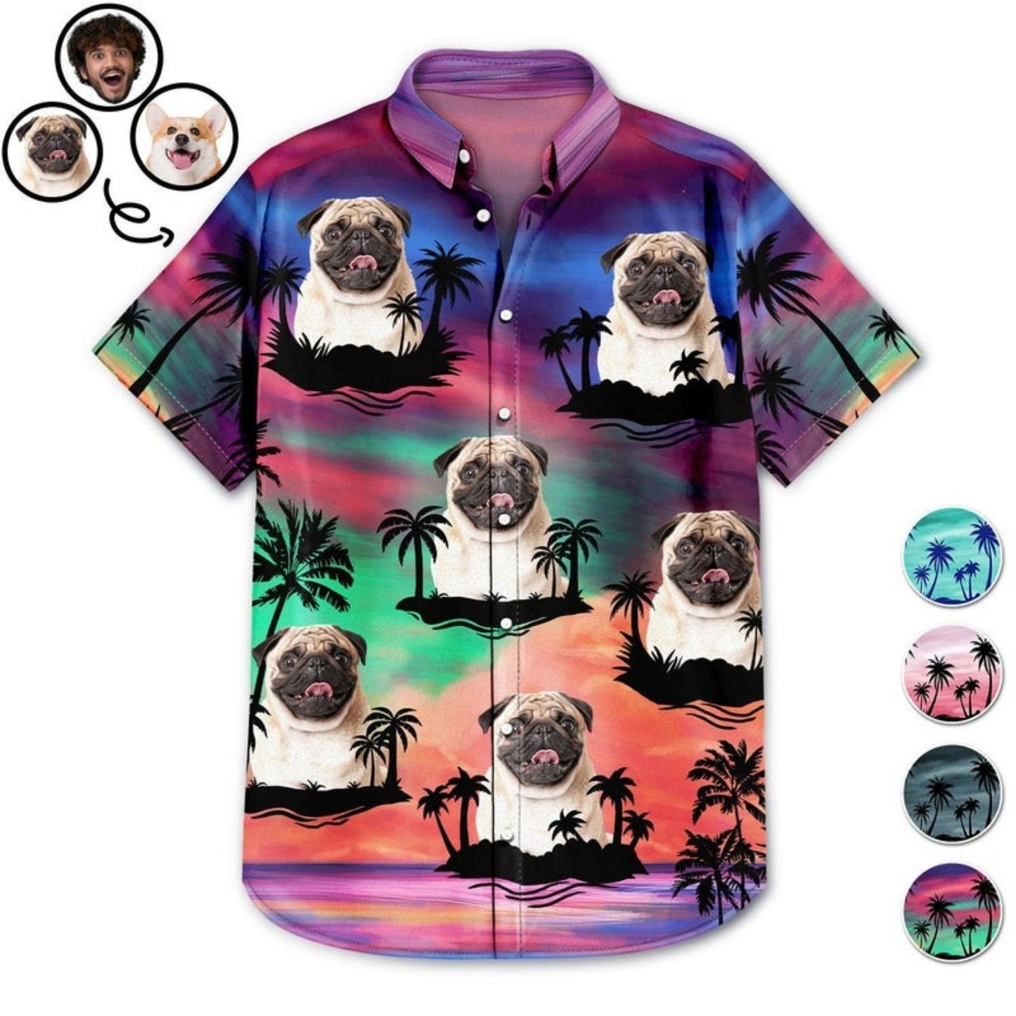 Funny Family Pet Face Sunset Shirt – Custom Photo Gift for Men, Dog & Cat Lovers Hawaiian