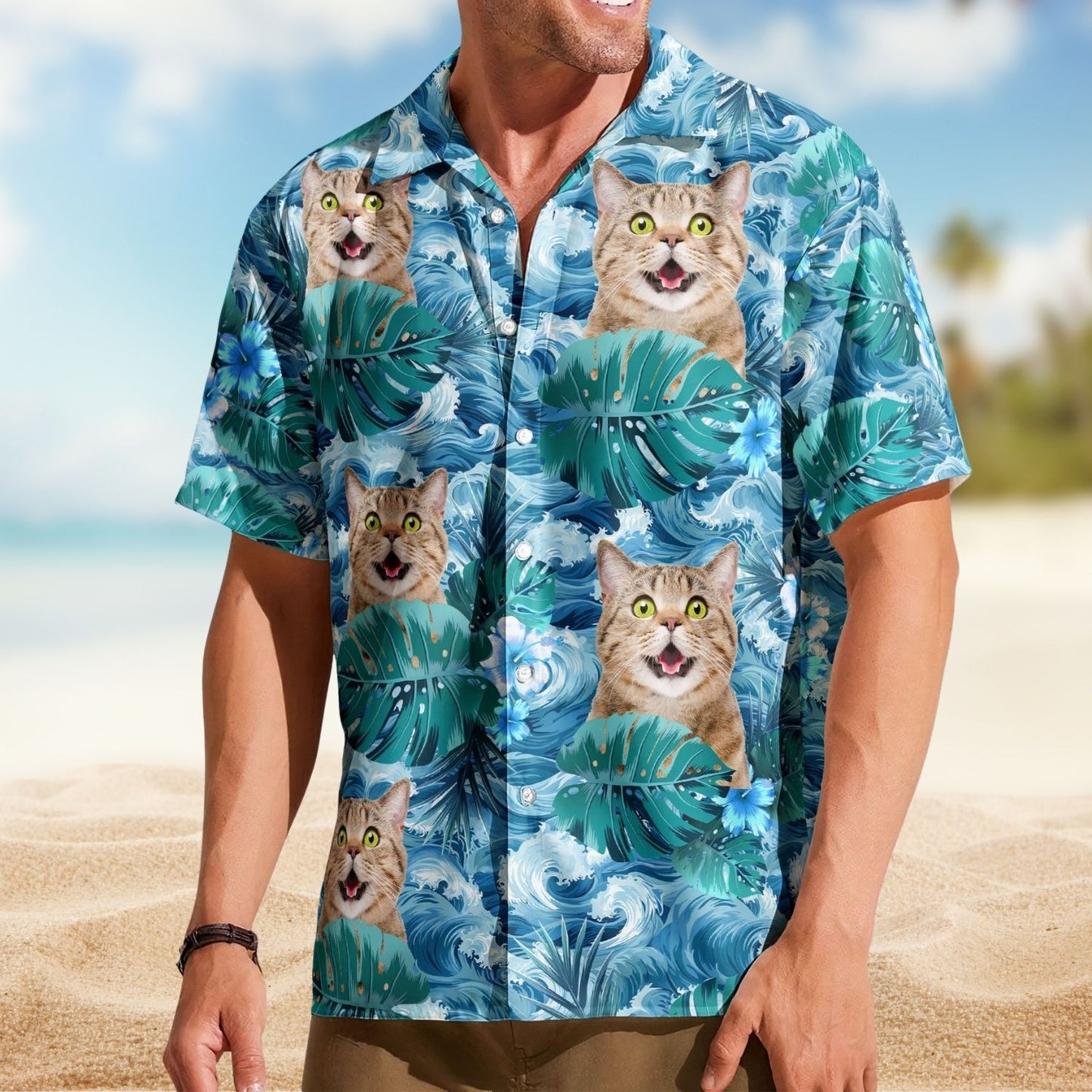 Big Wave Aloha Shirt with Custom Face – Funny Photo Gift for Men, Husband Custom Hawaiian Shirt