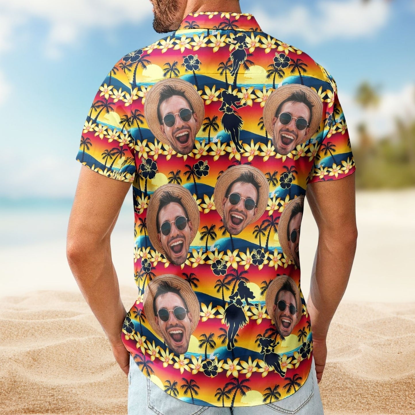 Tropical Sunset Hula Dance Aloha Shirt – Beach Scene Custom Photo Hawaiian Shirts