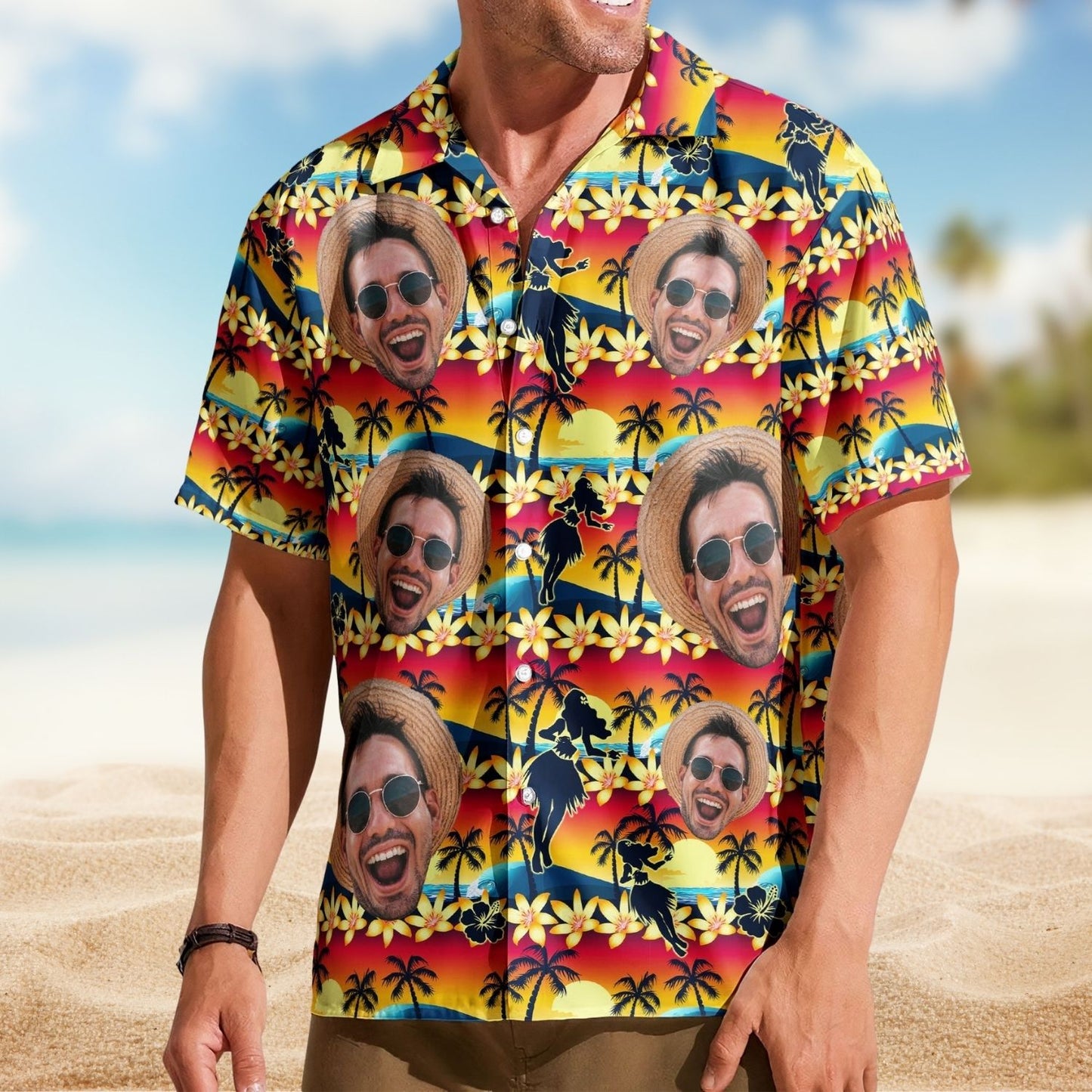 Tropical Sunset Hula Dance Aloha Shirt – Beach Scene Custom Photo Hawaiian Shirts