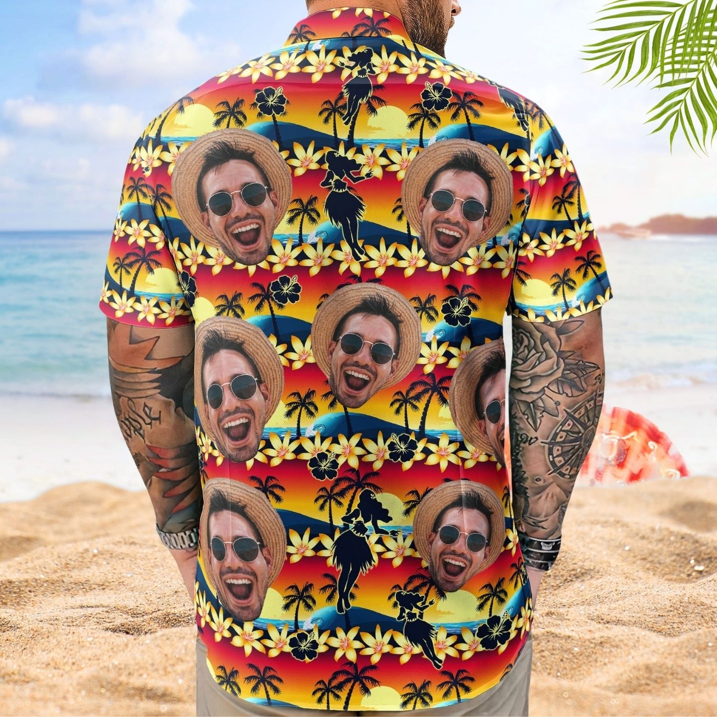 Tropical Sunset Hula Dance Aloha Shirt – Beach Scene Custom Photo Hawaiian Shirts