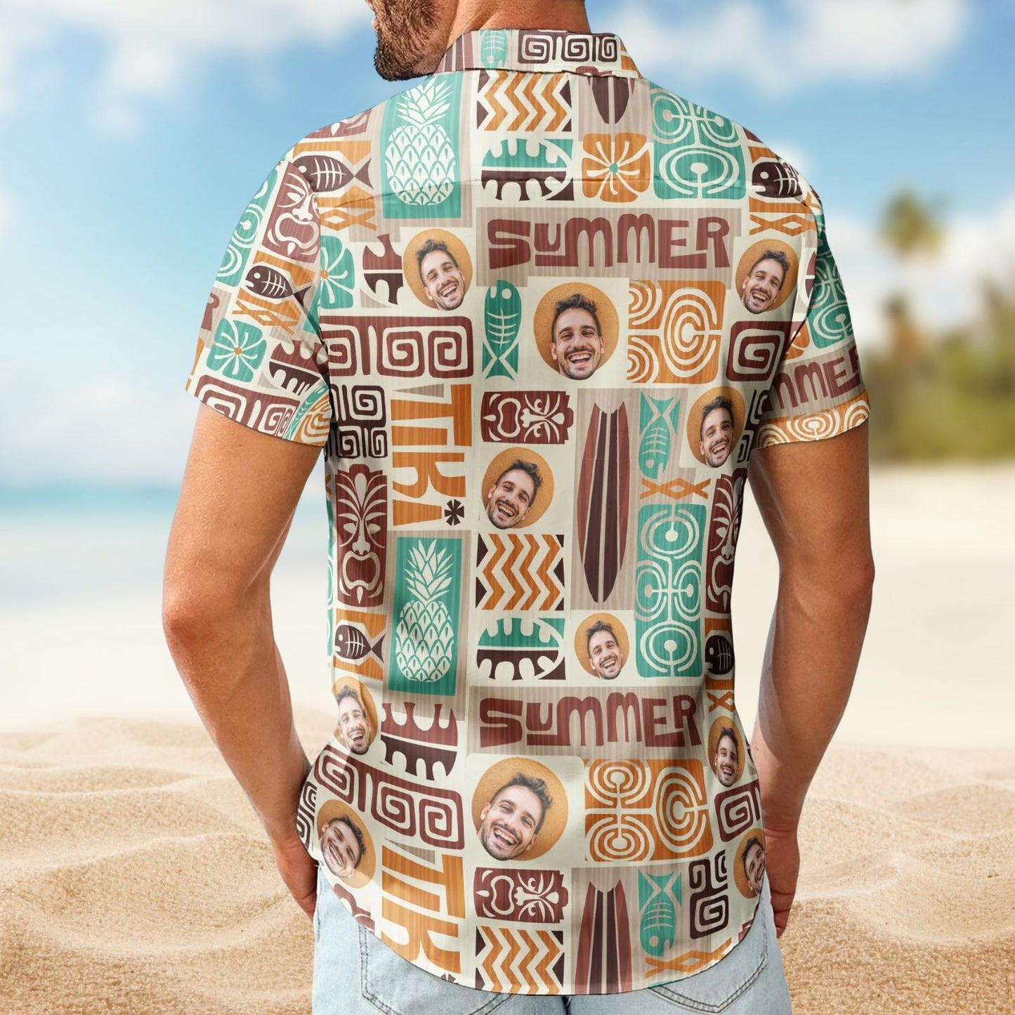 Custom Face with Exotic Tiki Pattern – Custom Photo Hawaiian Shirts