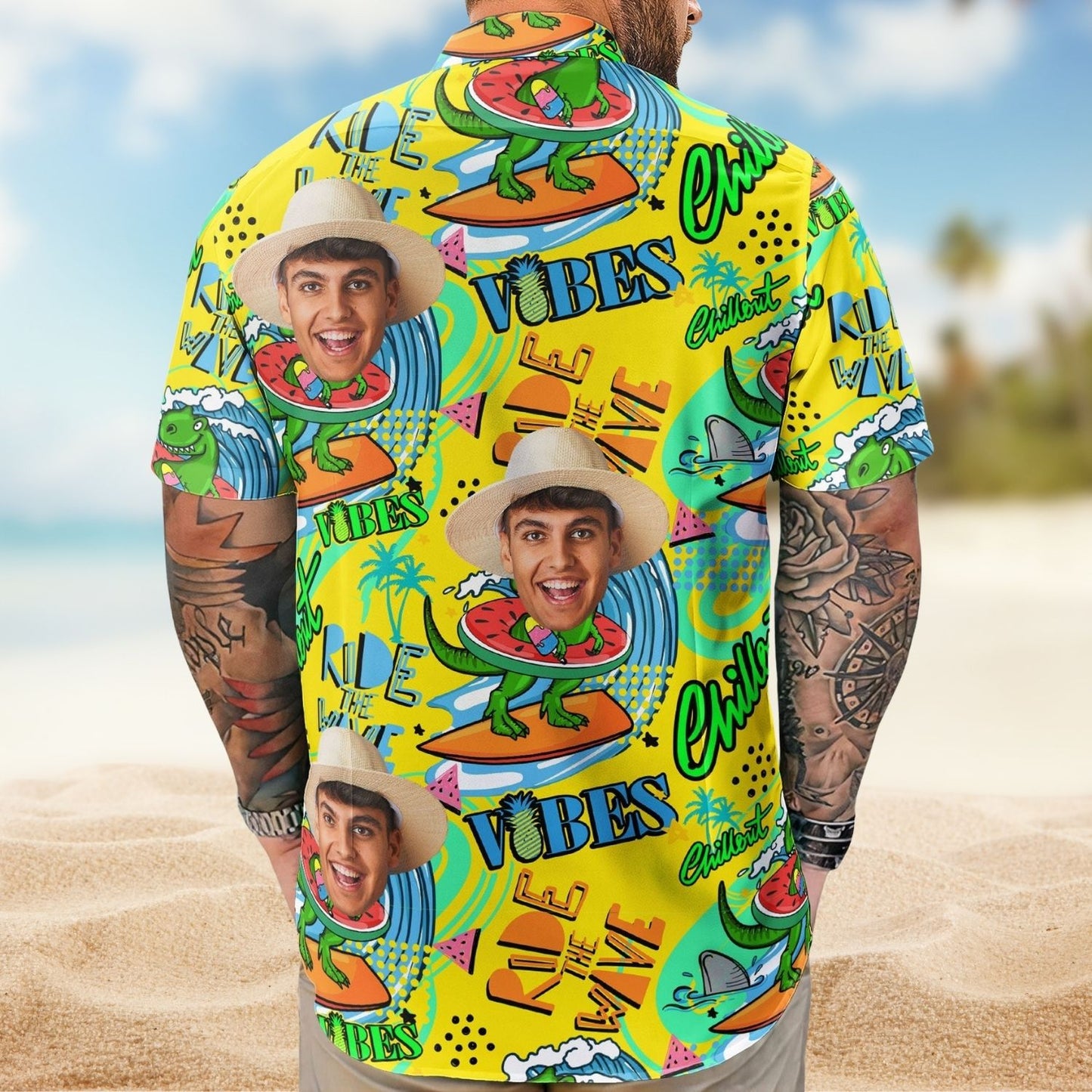 Personalized Photo Hawaiian Shirt – Cool Dinosaur Surfing Ride the Wave Summer Shirt