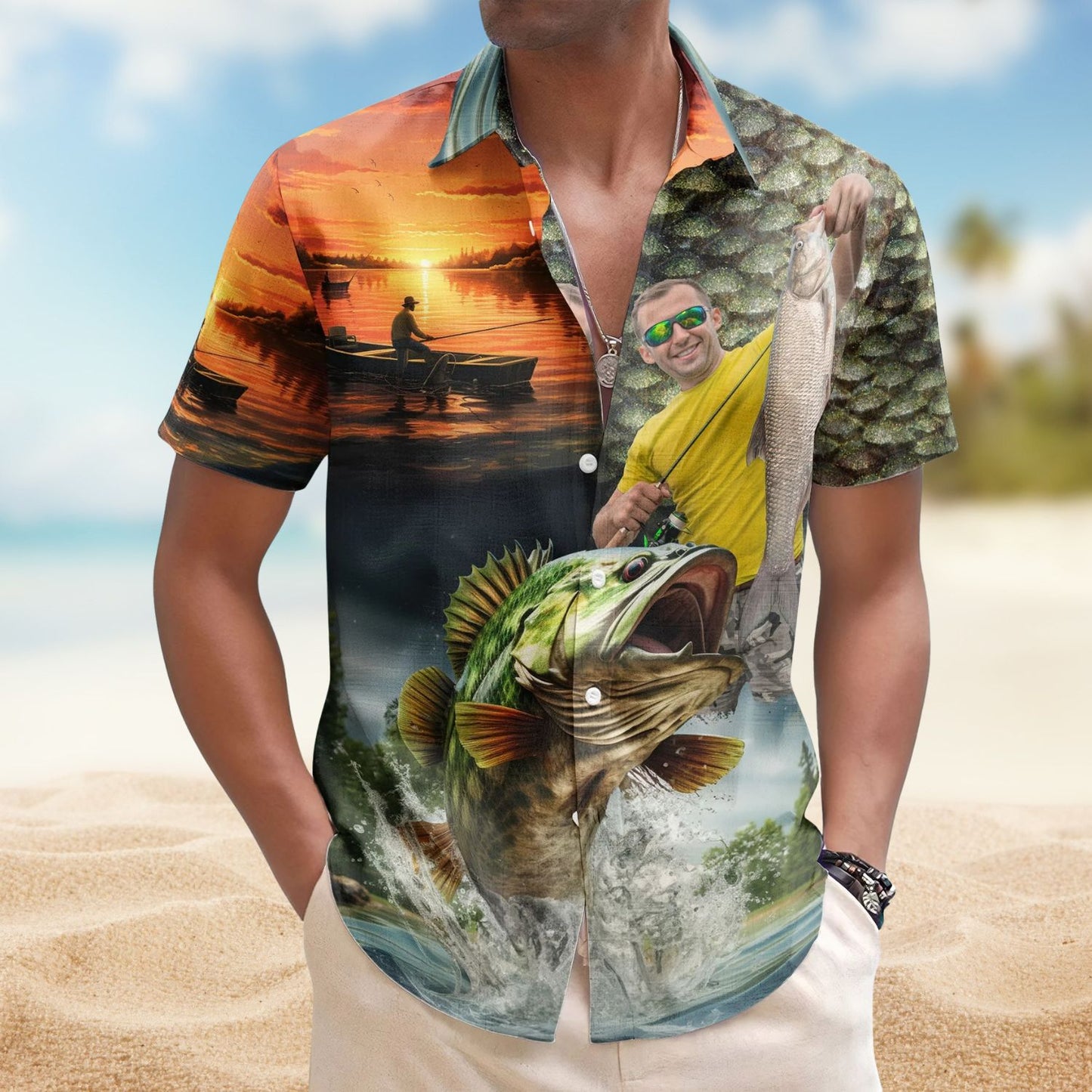 Custom Photo Fishing Bass Fish for Husband – Custom Photo Hawaiian Shirt