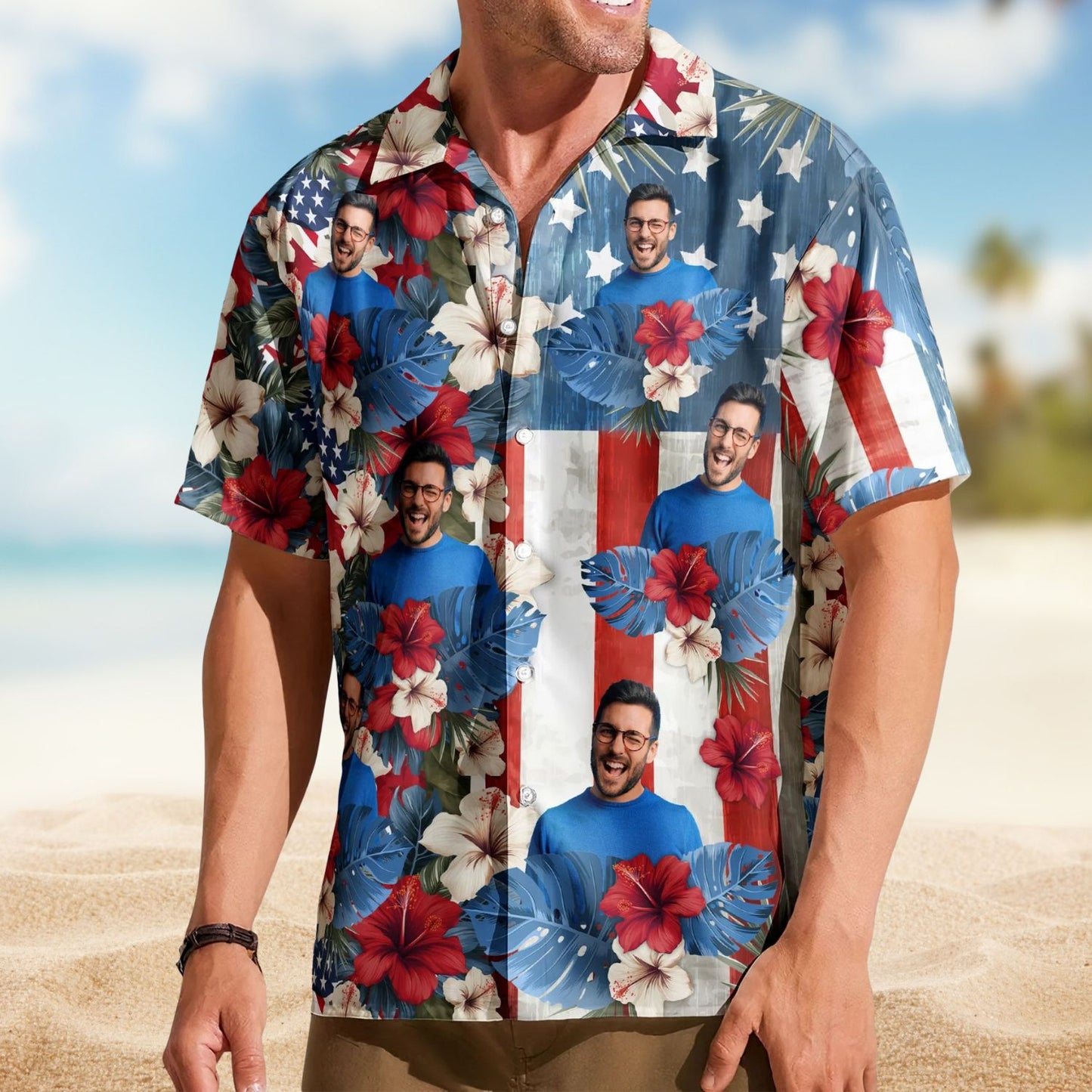 American Flag Tropical Vintage Aloha Independence Day – Custom Photo Hawaiian Shirts