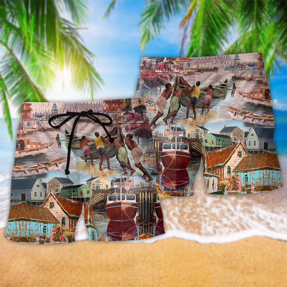 Morning Harbor Scenic Cool Art – Beach Short