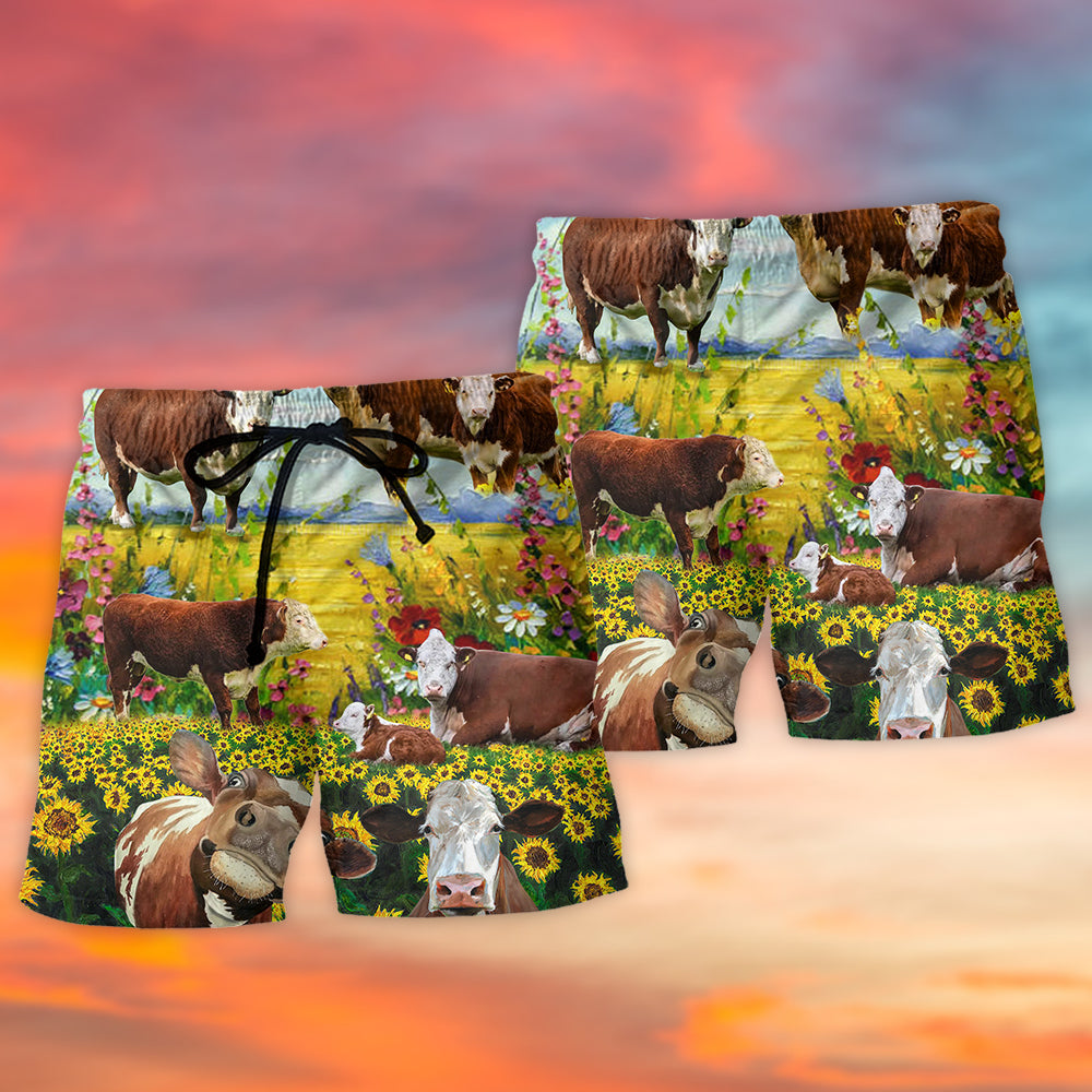 Hereford Cow Pastoral Landscape – Beach Short