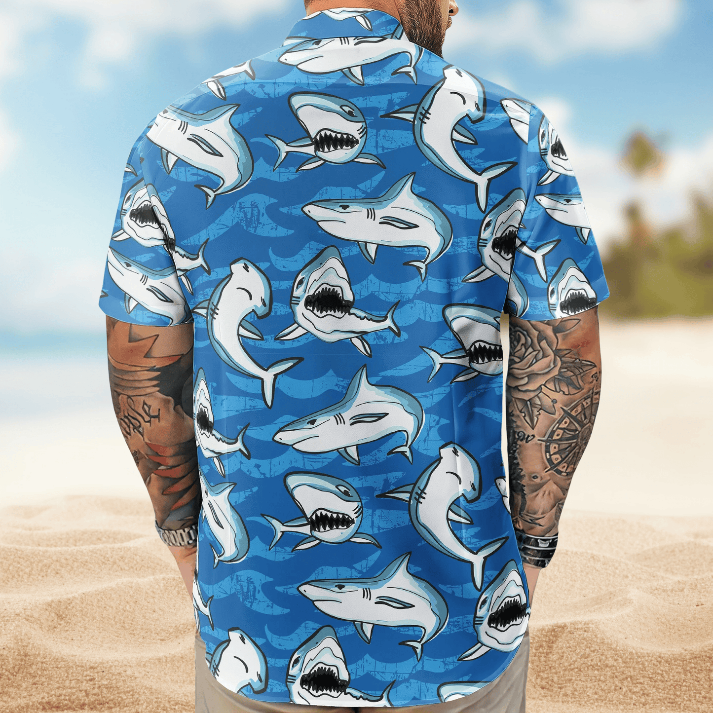 Customize Big Funny Photo With Sharks Pattern - Custom Photo Hawaiian Shirt