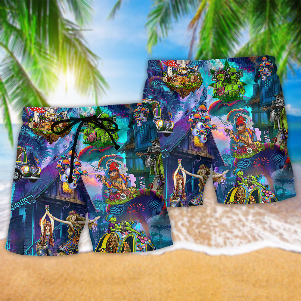 Hippie Alien Skull Mushroom Color Art - Beach Short