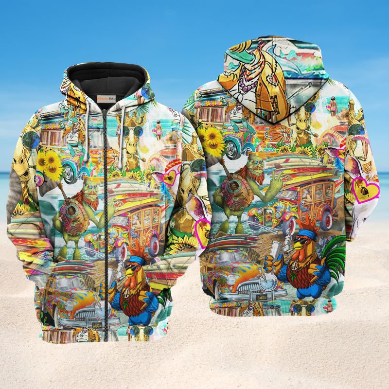 Hippie Animals Happy Together Art – 3D Hoodie