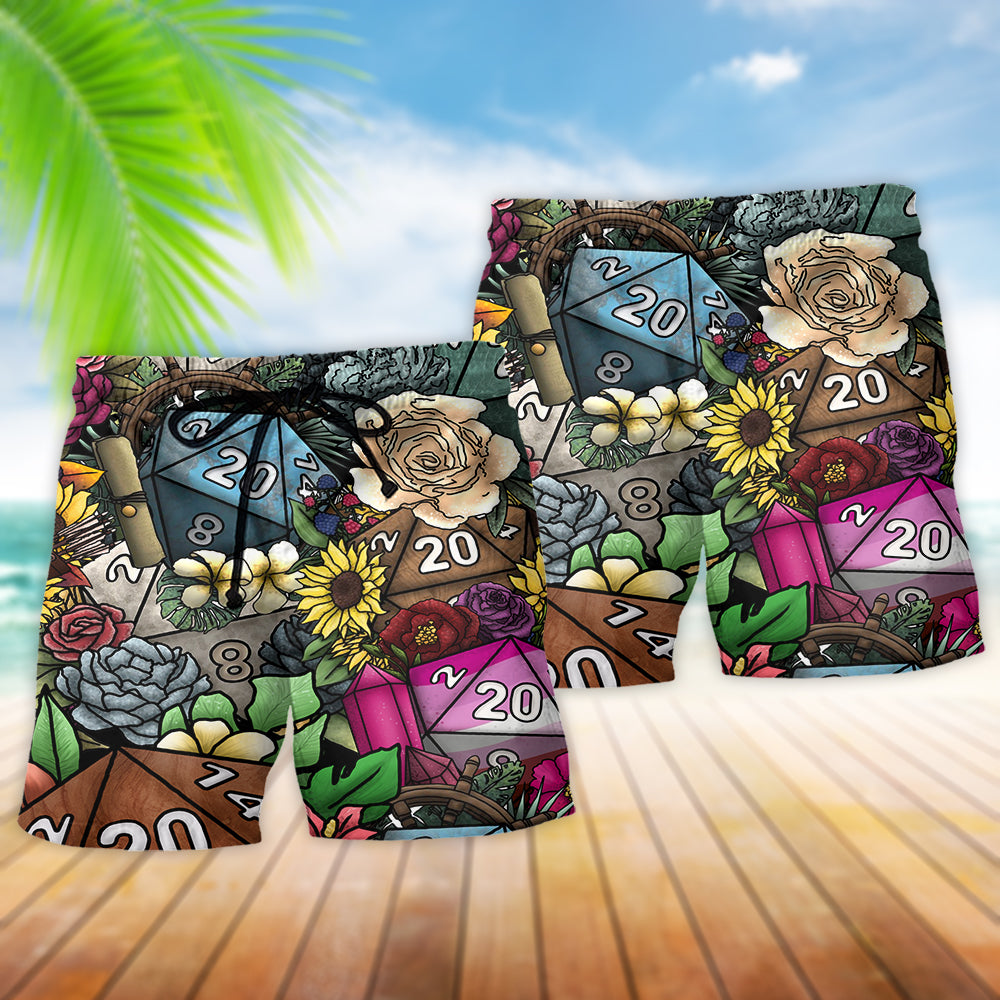 D20 Dice And Flowers Fantasy Style – Beach Short