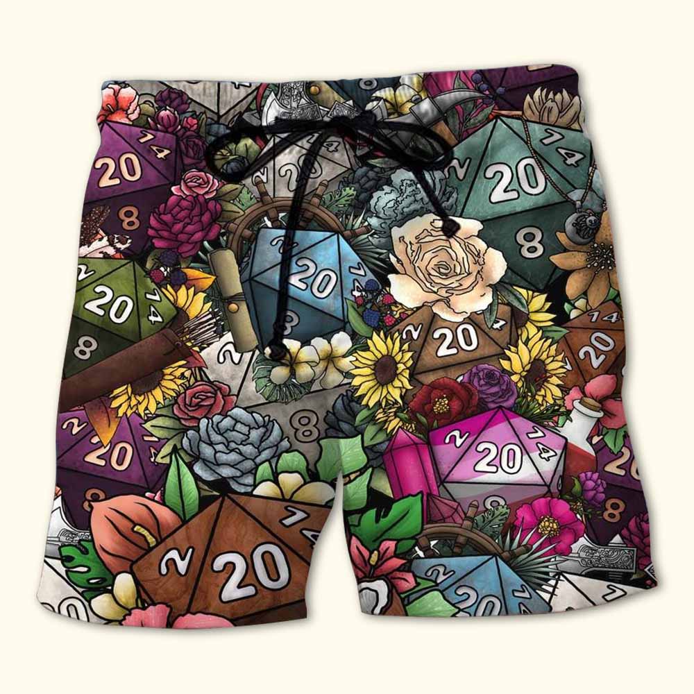 D20 Dice And Flowers Fantasy Style – Beach Short