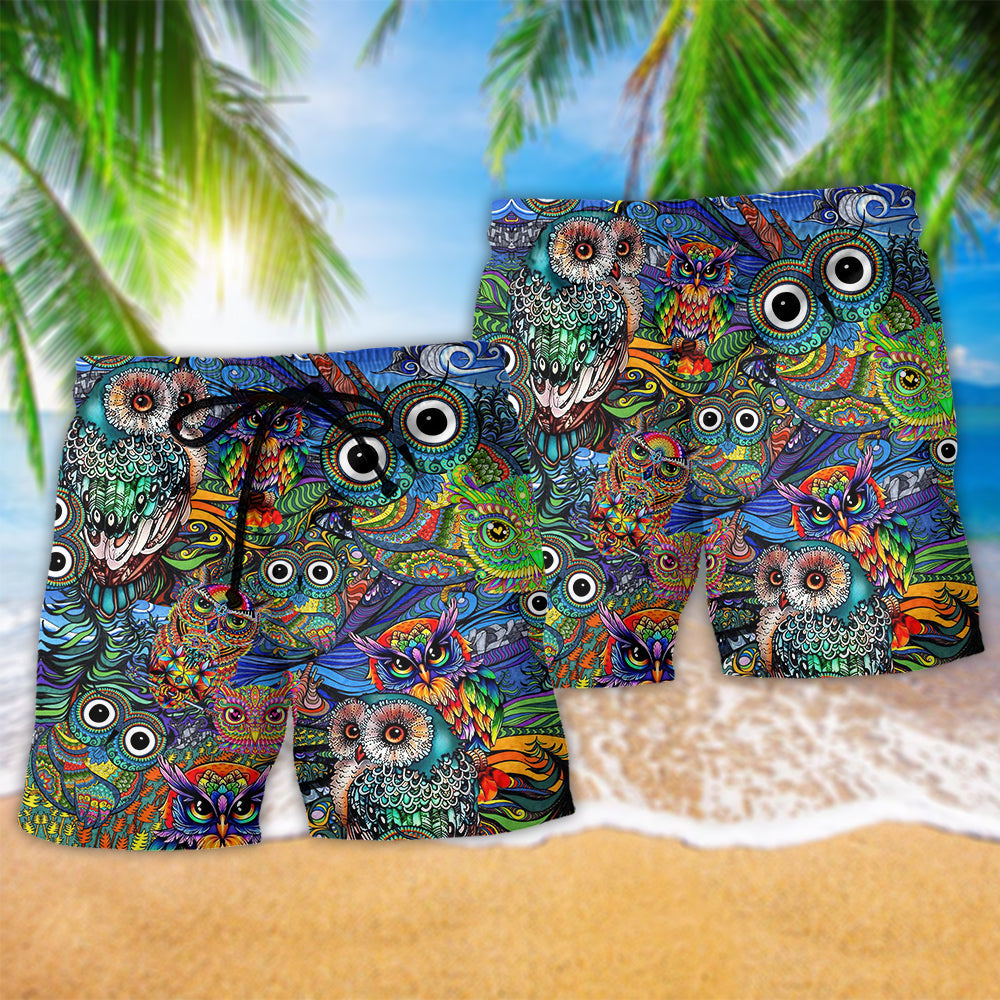 Hippie Owls Peaceful Life Color Art – Beach Short