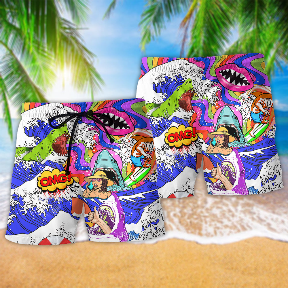 Hippie Shark And Girl Colorful Art – Beach Short
