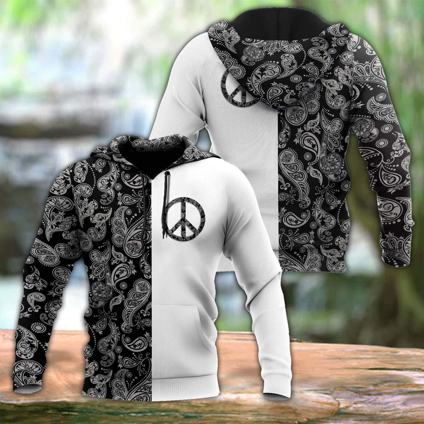 Hippie Symbol Black White Pattern - 3D Hoodie3