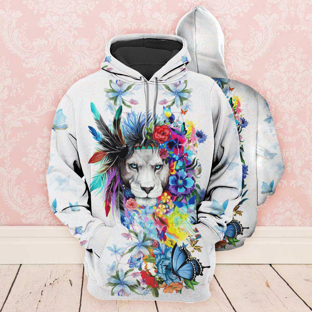 Lion Flowers Butterfly Art - 3D Hoodie