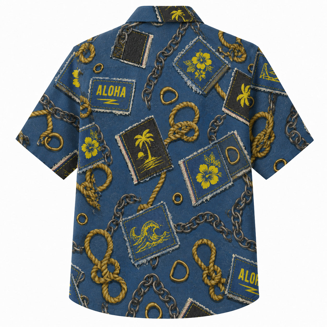 Labor Day Hawaiian Shirt- Aloha Signpost and Rope Knot Print in Denim