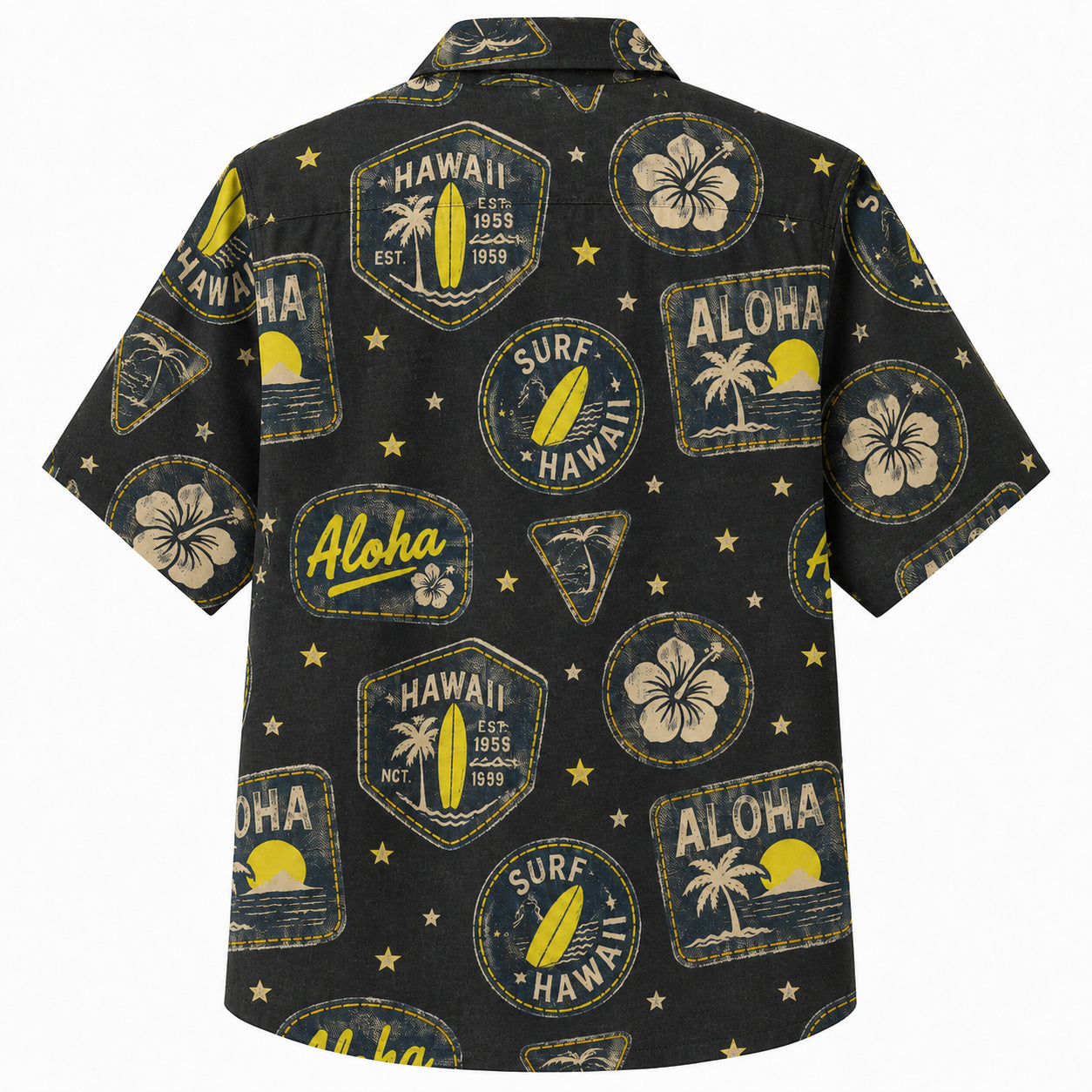 Labor Day Hawaiian Shirt- Aloha Surf Badge and Hibiscus in Black Gold