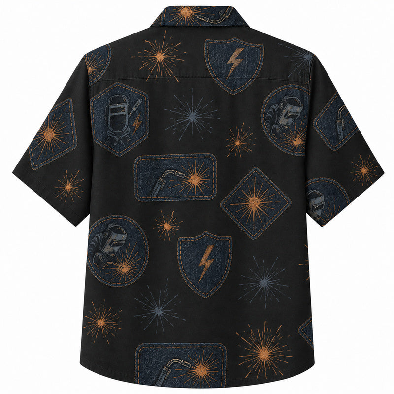 Labor Day Hawaiian Shirt- Black Denim Spark and Lightning Print