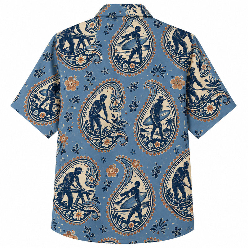 Labor Day Hawaiian Shirt- Blue Paisley and Worker Motif Print