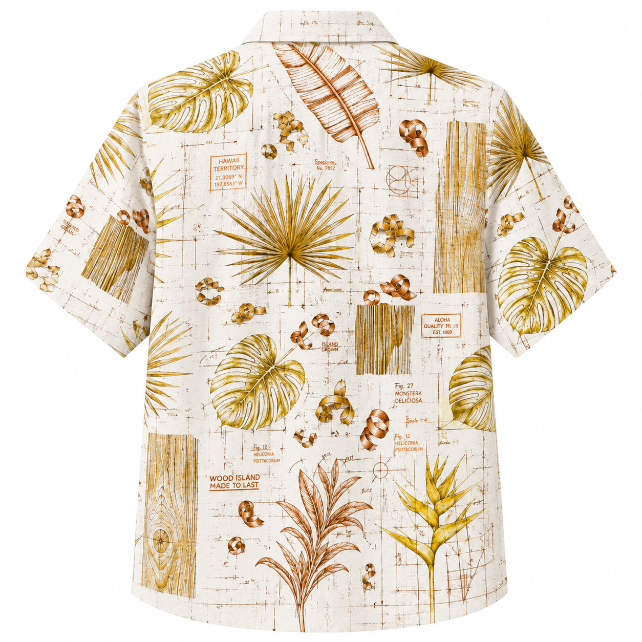 Labor Day Hawaiian Shirt- Blueprint Botanical Sketch on Ivory Paper