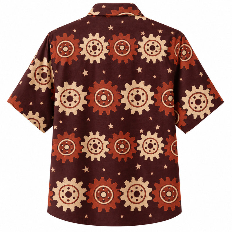 Labor Day Hawaiian Shirt- Bold Cogwheel and Star Print for Hard Workers