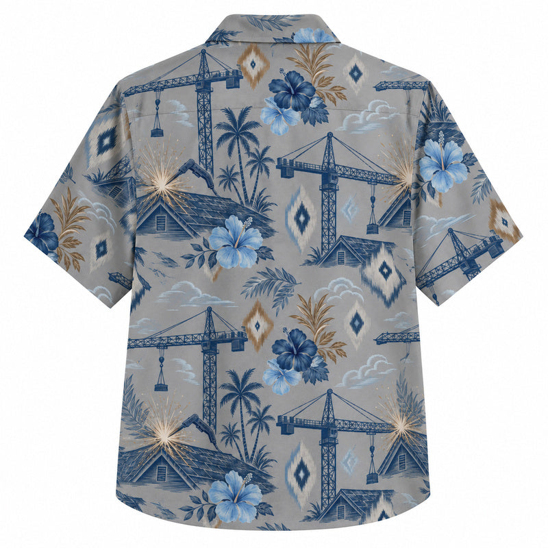 Labor Day Hawaiian Shirt- Crane Palm and Firework Skyline Print