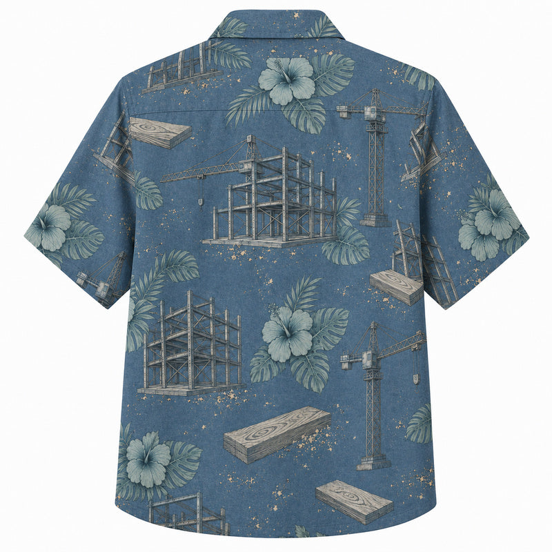 Labor Day Hawaiian Shirt- Crane Steel Frame and Hibiscus Print